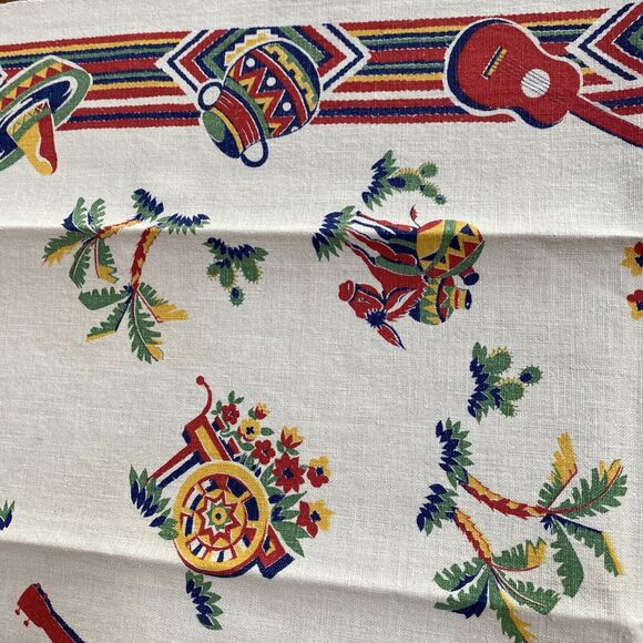 Vintage Startex Mills Cotton Linen Tea Towel Beige Red Blue Southwestern Print - Picture 10 of 10